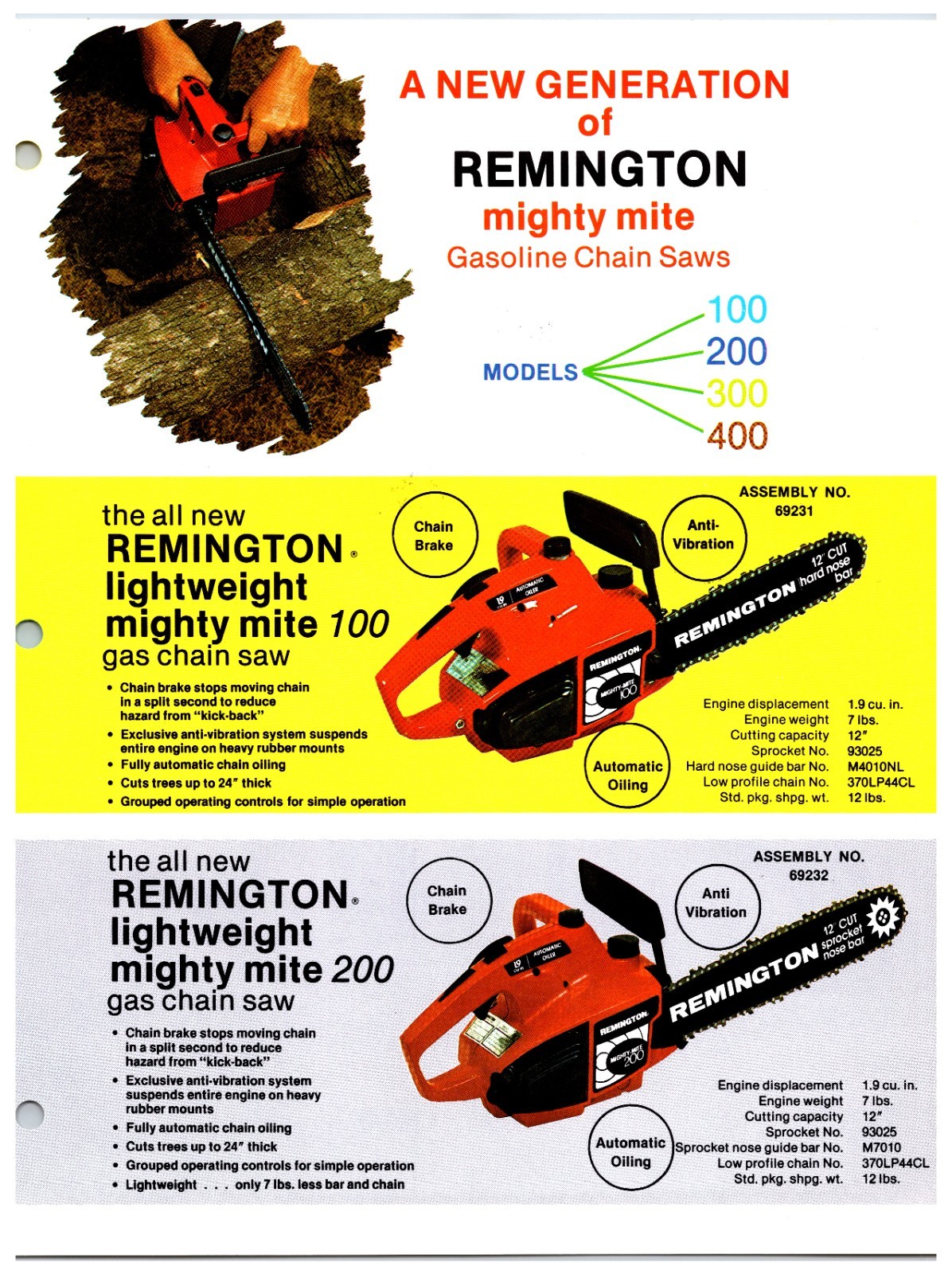 Original 1970s Remington Chainsaws Sales Info Sheet (Mighty Mite Gas Models)