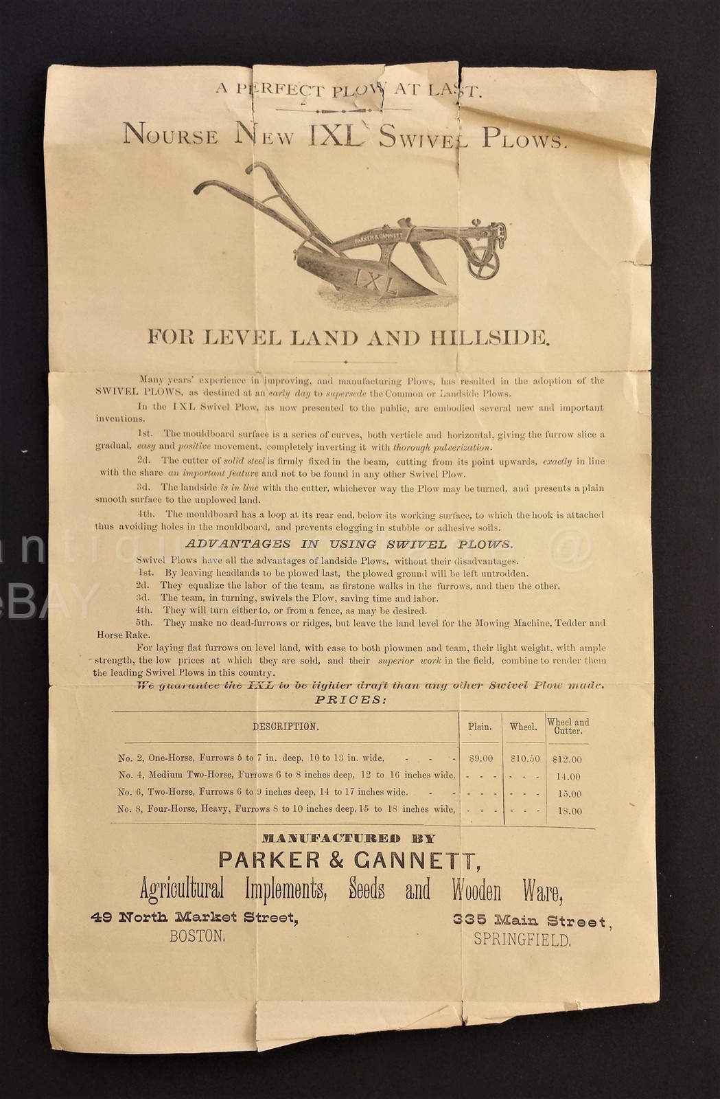 1800s antique NOURSE IXL SWIVEL PLOW AD PRICES parker gannett BROADSIDE