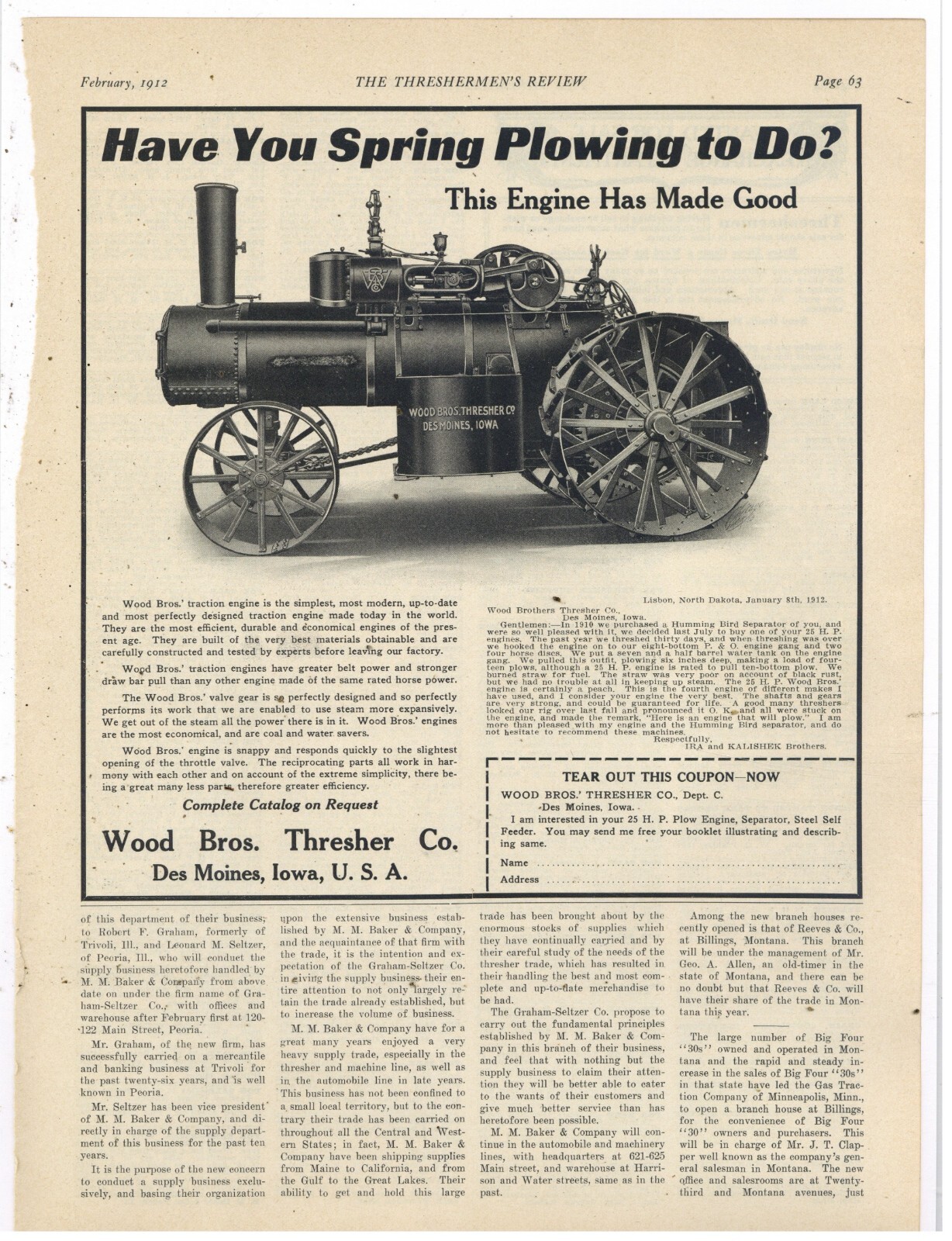 1912 Wood Bros. Thresher Ad: Traction Engine w/ Testimonial Lisbon North Dakota