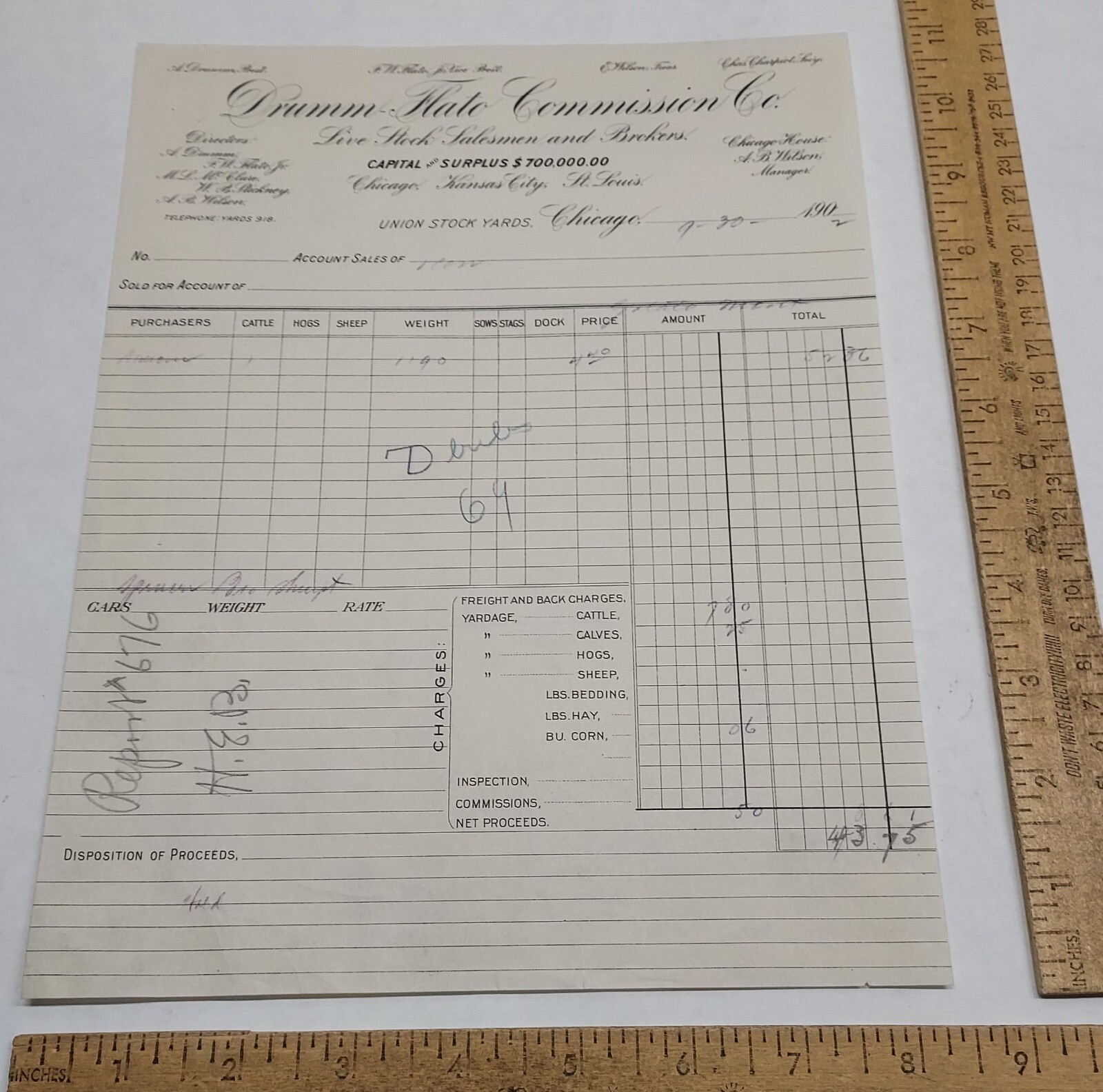1902 Drumm-Flato Commission Co – Live Stock Salesmen a – RECEIPT – listing #7448