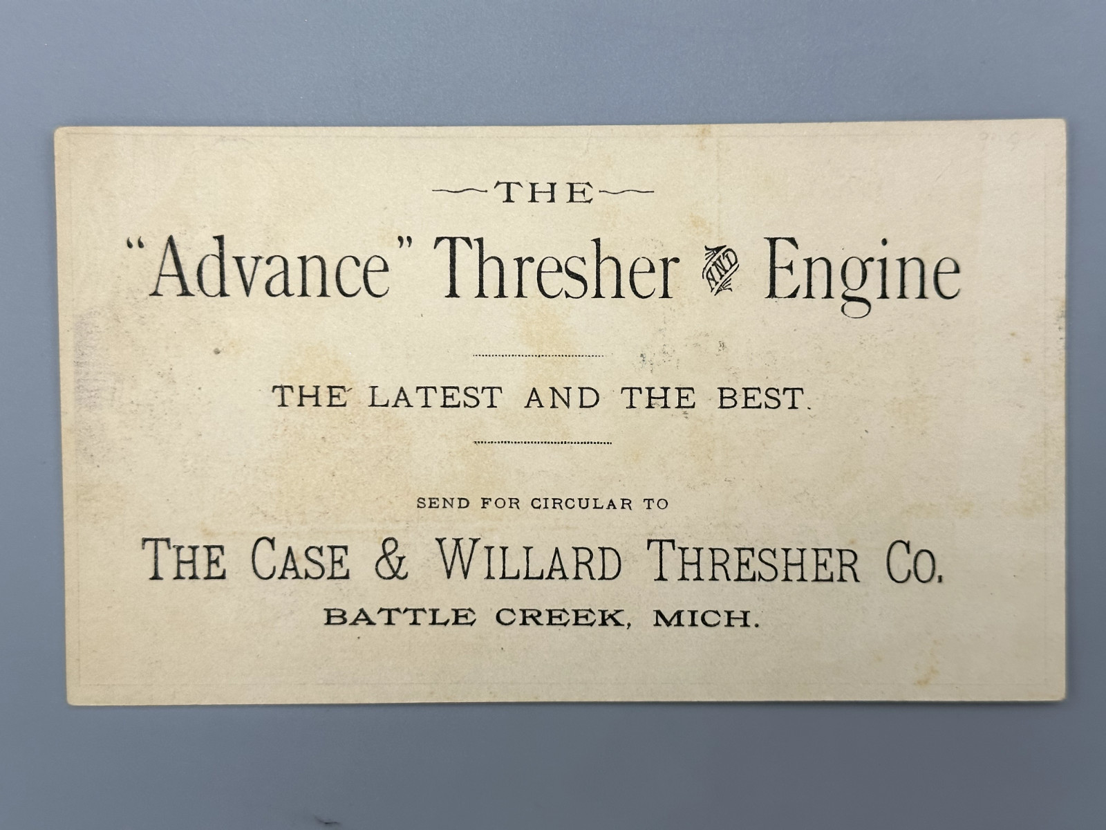1880s ADVANCE THRESHER Engine FARM Advertising Trade Card BATTLE CREEK Michigan