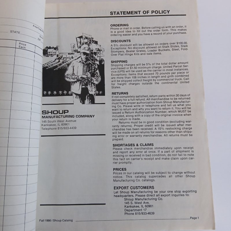 Shoup Manufacturing Company Fall 1986 Catalog Tractor Parts Kankakee IL. Farming