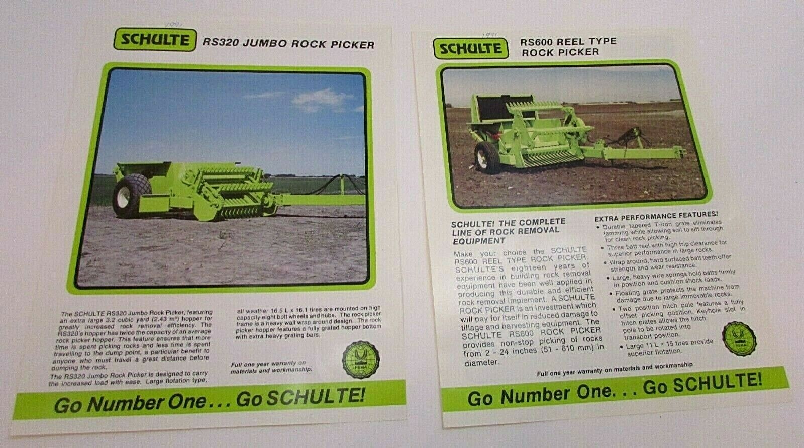 Two Old 1991 Schulte Pages RS600 Reel Type and RS320 Jumbo Rock Pickers FREE S/H