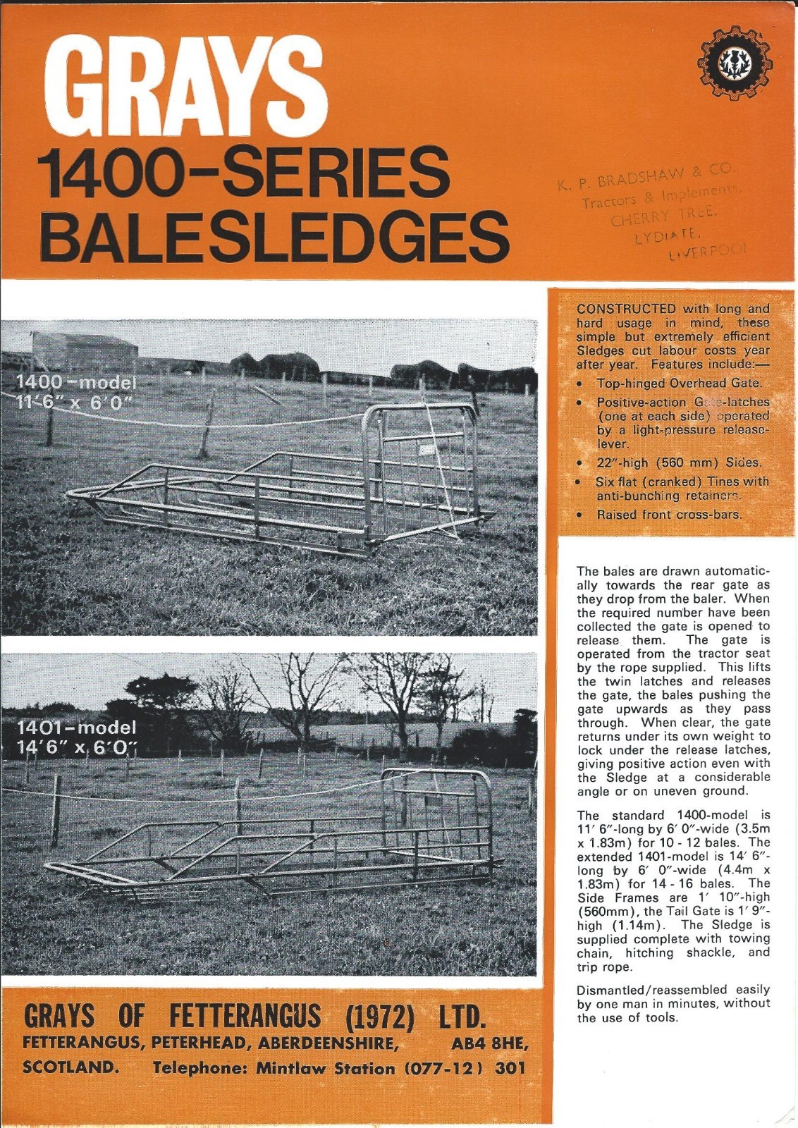 Farm Equipment Brochure – Grays – 1400 series – Bale Sledge – c1970&rsquo;s (F5131)