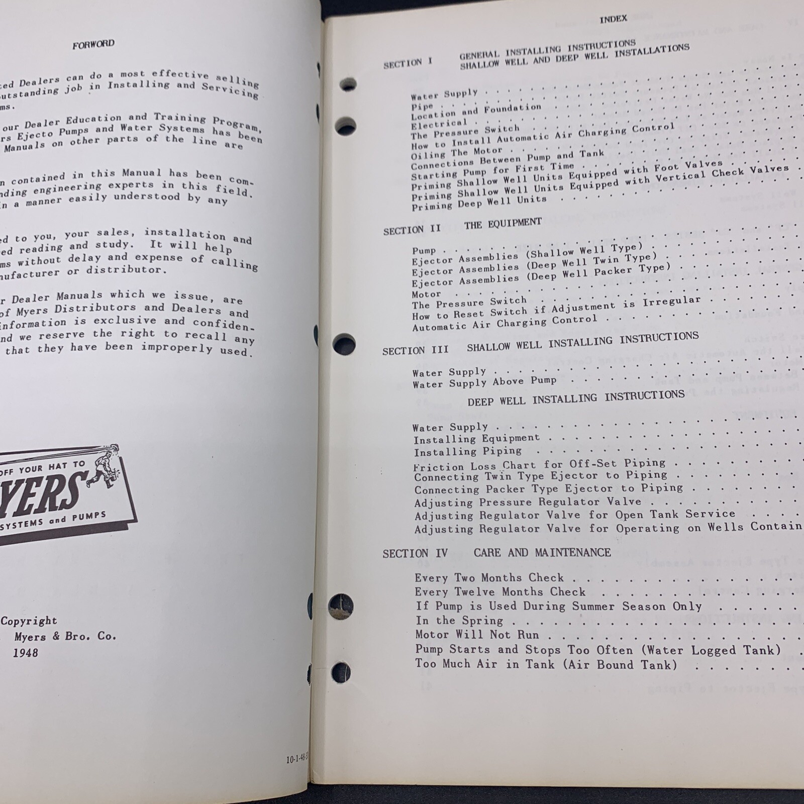 Original 1948 F.E. Myers Installation & Service Pumps Manual EJM-48