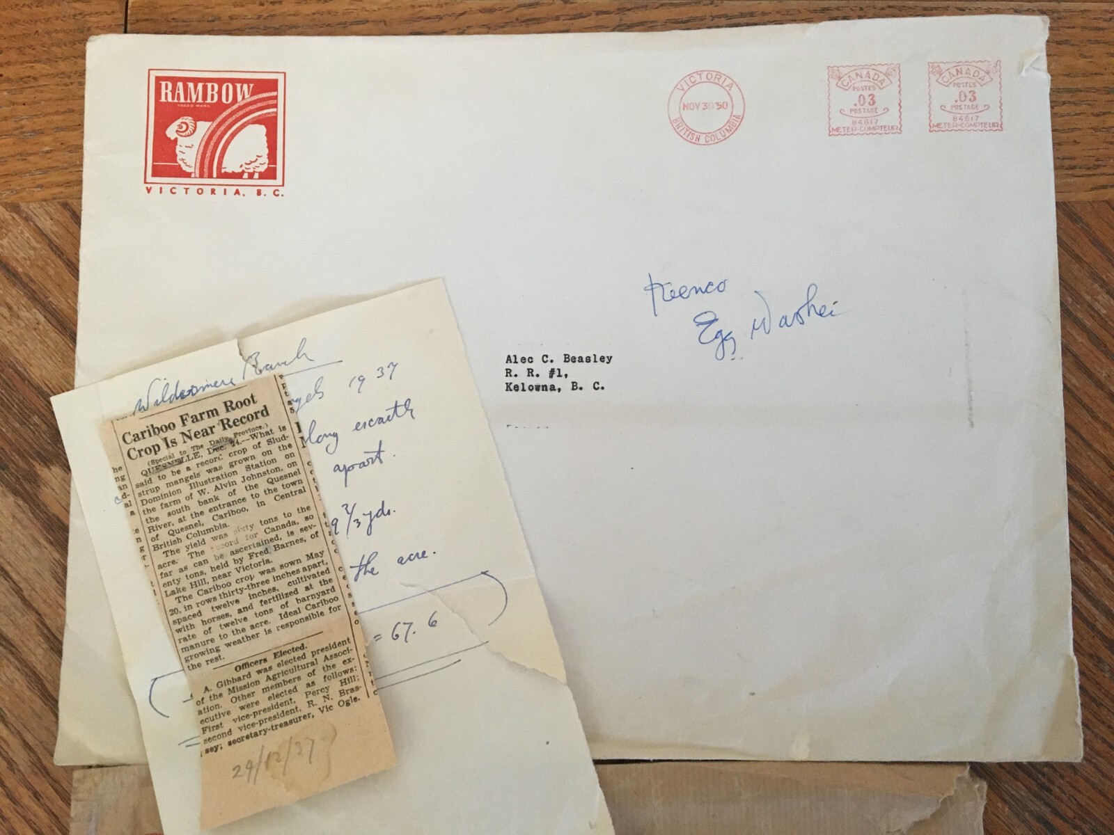 Dept Agriculture Envelopes Receipt 1937 Victoria Canada Kelowna BC Cattle Farm