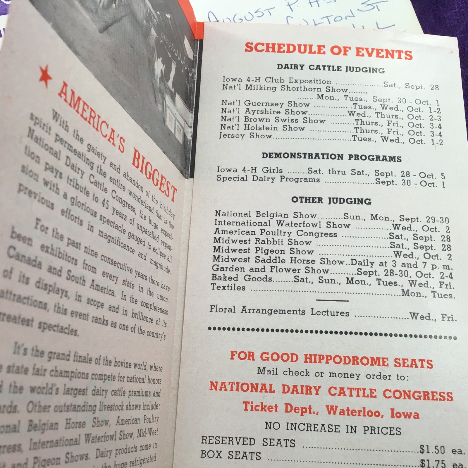 National Dairy Cattle Congress, 1957 Waterloo Cancel & Brochure, Chicago Park