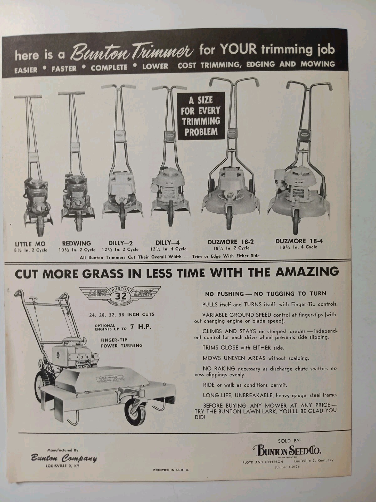 6 Bunton Lawn & Garden Mowers Brochure Lawn LARK, Fort Knox, Instructions