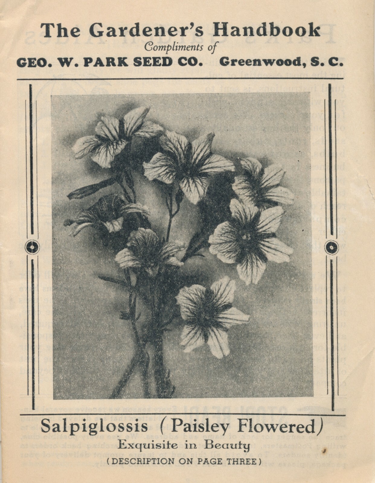 Undated « The Gardener&rsquo;s Handbook » Seed Catalog Geo.W. Park Seed Co. Greenwood SC