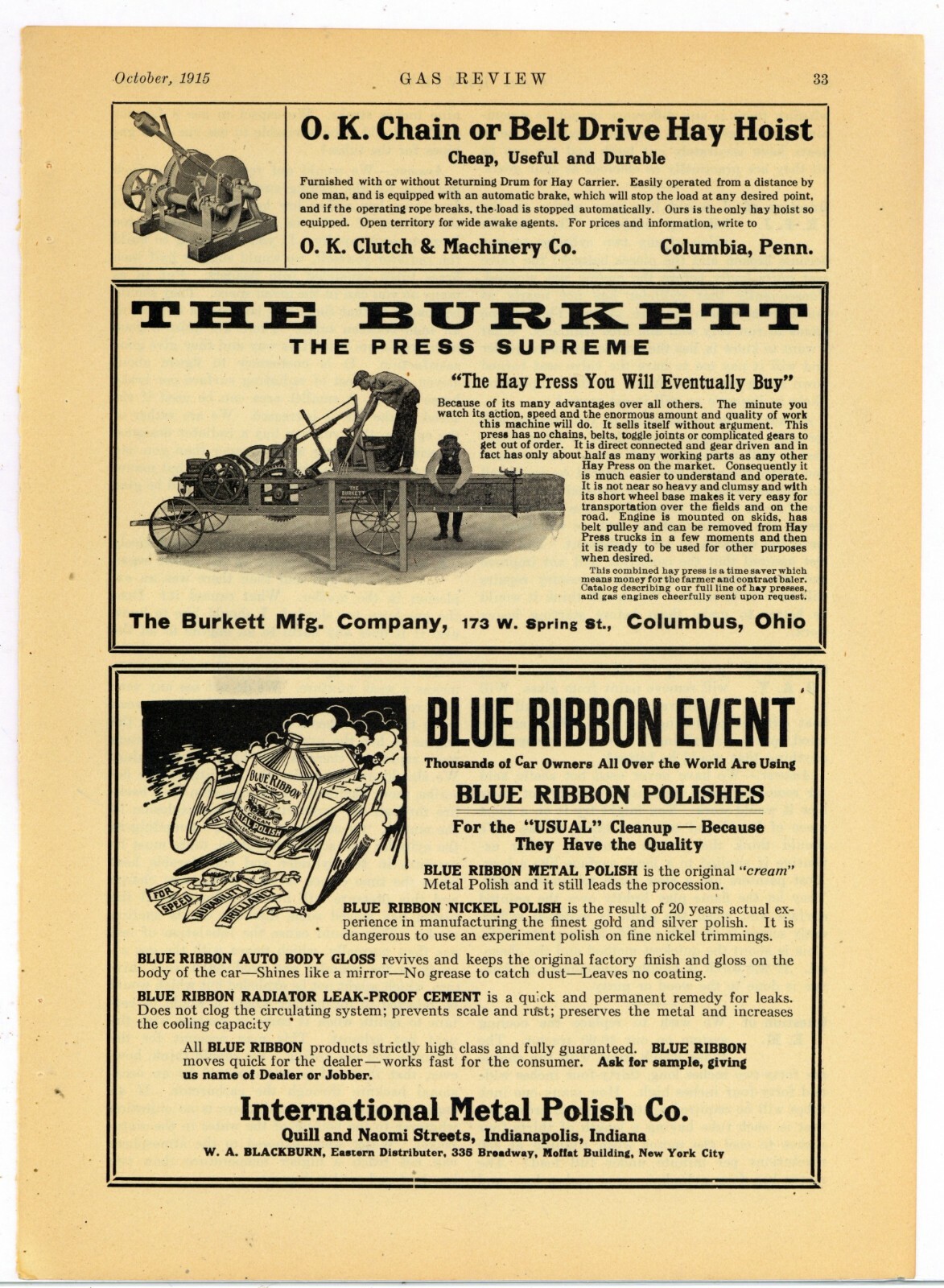1915 Burkett Hay Press Ad: « The Press Supreme » – Columbus, OhiO