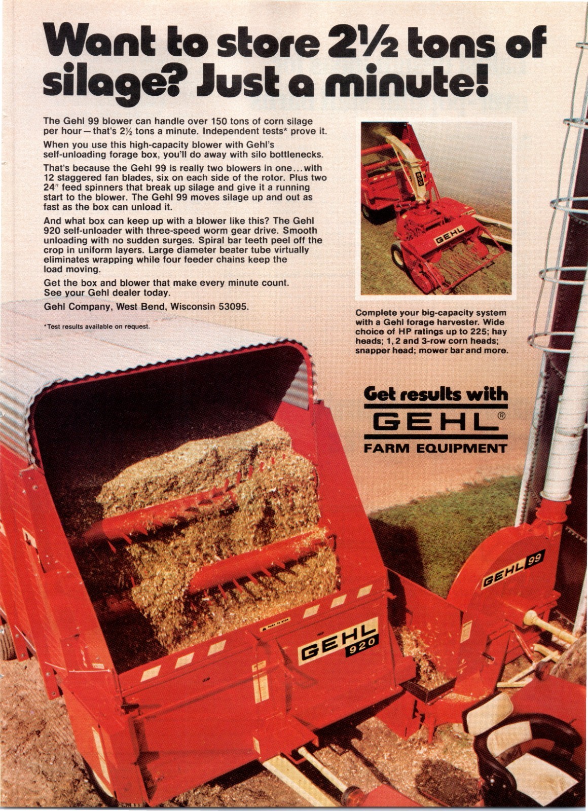 1976 Gehl 99 Corn Silage Blower 70&rsquo;s Vintage Print Ad