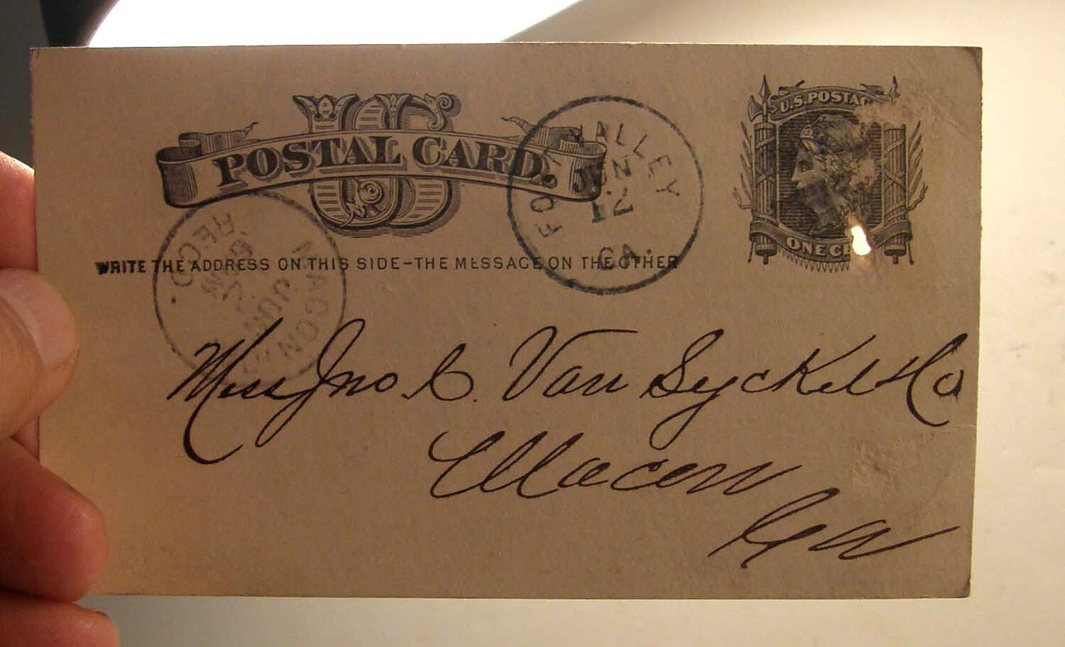 ANTIQUE 1882 POSTCARD H C HARRIS DOW LAW COTTON SEED PLANTER FORT VALLEY GA