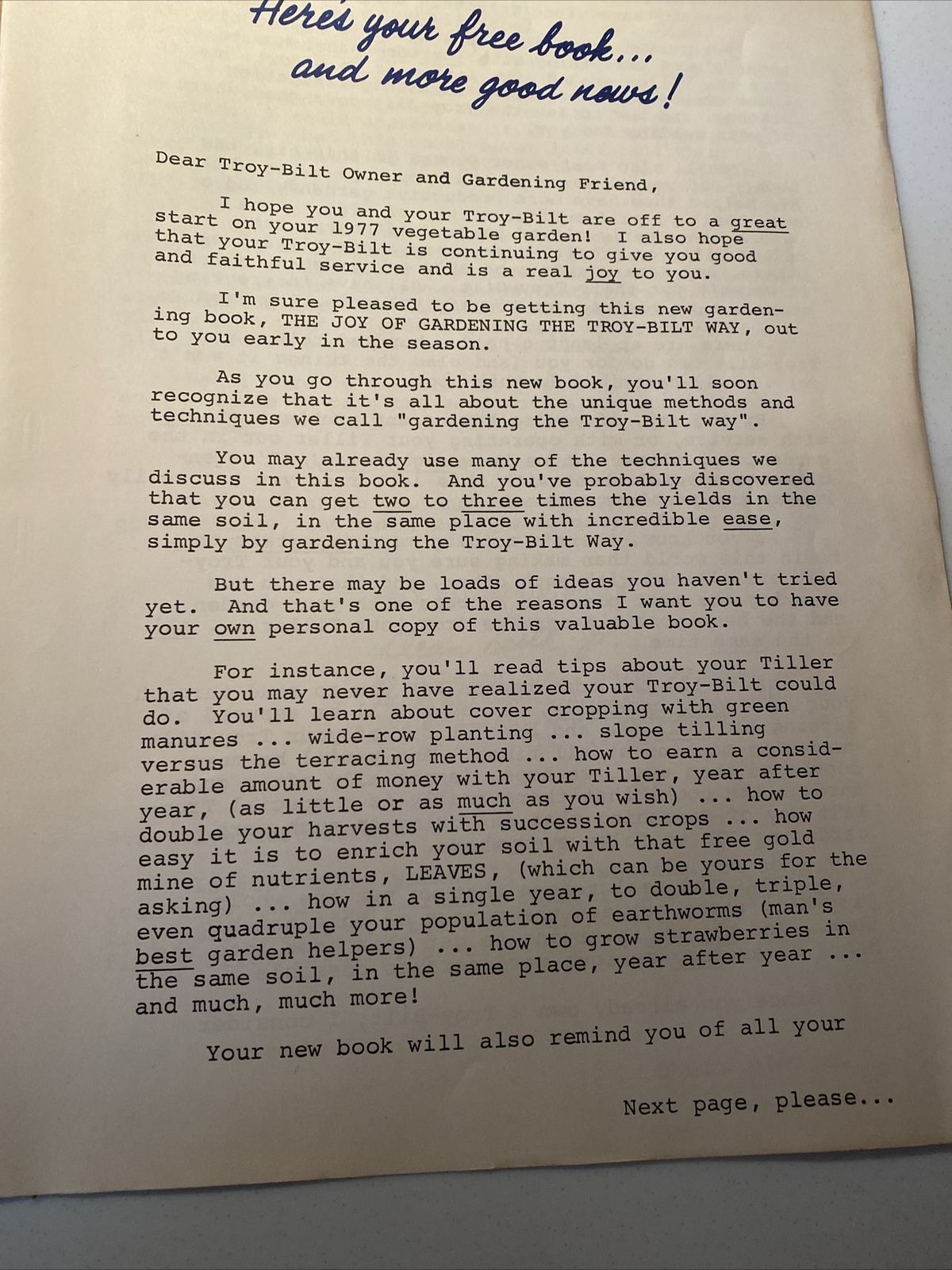 Troy-Bilt Roto Tiller & Attachments Advertisement Packet 1977 original, Letter,