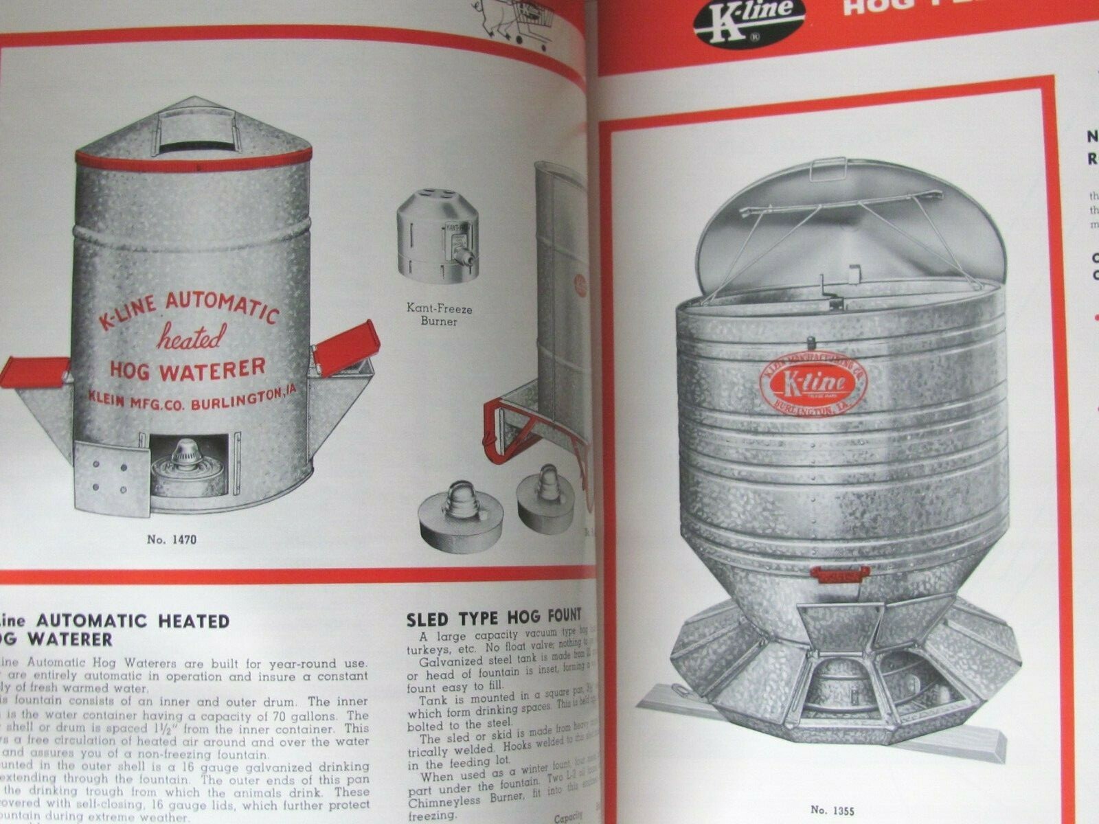 1965 SALES CATALOG BIG HUSKY CATTLE CHICKEN FARM EQUIPMENT KLEIN MFG BURLINGTON
