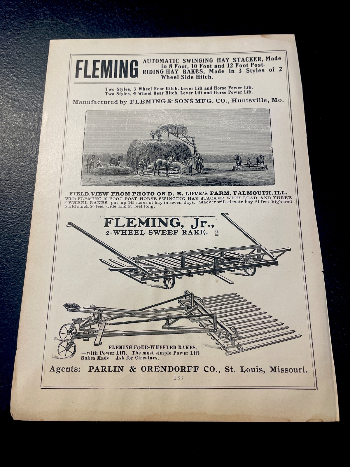 ORIGINAL 1907 Fleming Rakes Farm Advertising – Huntsville, Missouri