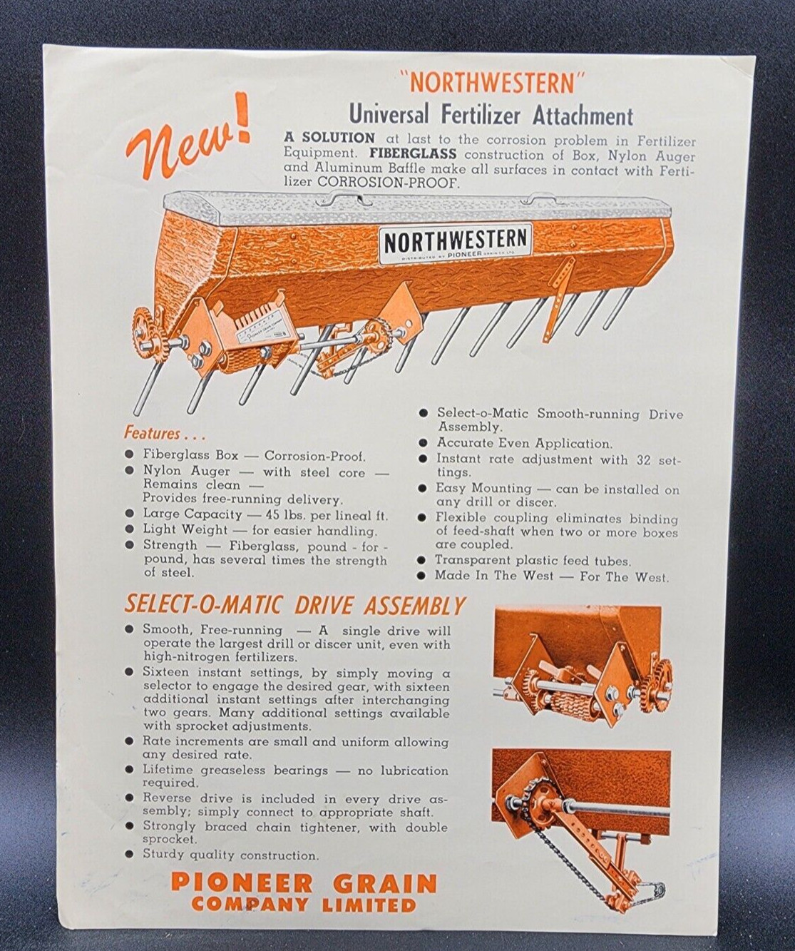 Northwestern Fertilizer Attachment Pioneer Sales Salesman Dealer Brochure 2pgs