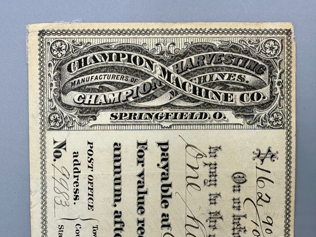 1874 CHAMPION Machinery FARM Promissory Note SPRINGFIELD OH Antique Advertising