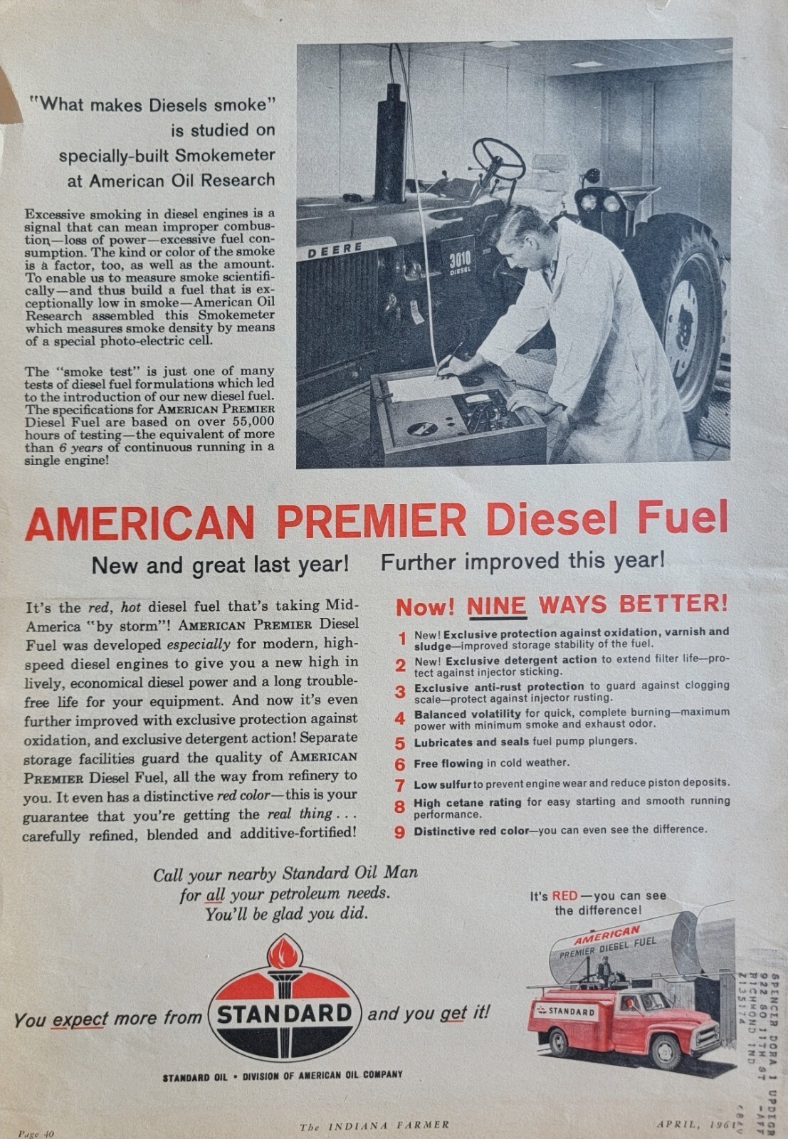 Standard Oil Diesel Fuel, John Deere 3010 Tractor Vintage 1962 Agricultural Ad
