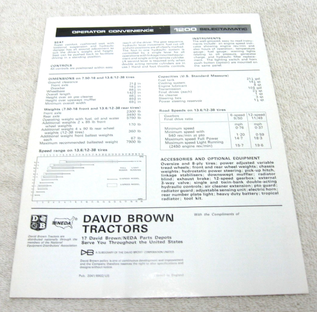 VINTAGE 1969 DAVID BROWN 1200 SELECTOMATIC TRACTOR SPECS BROCHURE