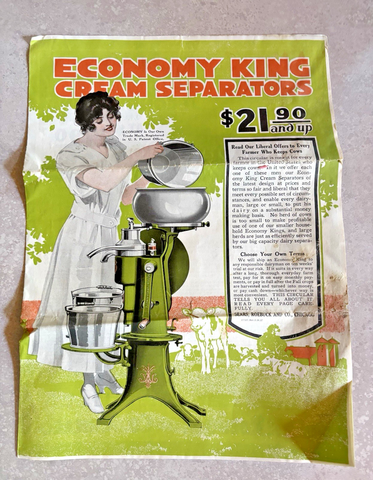 1917 Ad Brochure Sears Roebuck & Co. Economy King Cream Separators