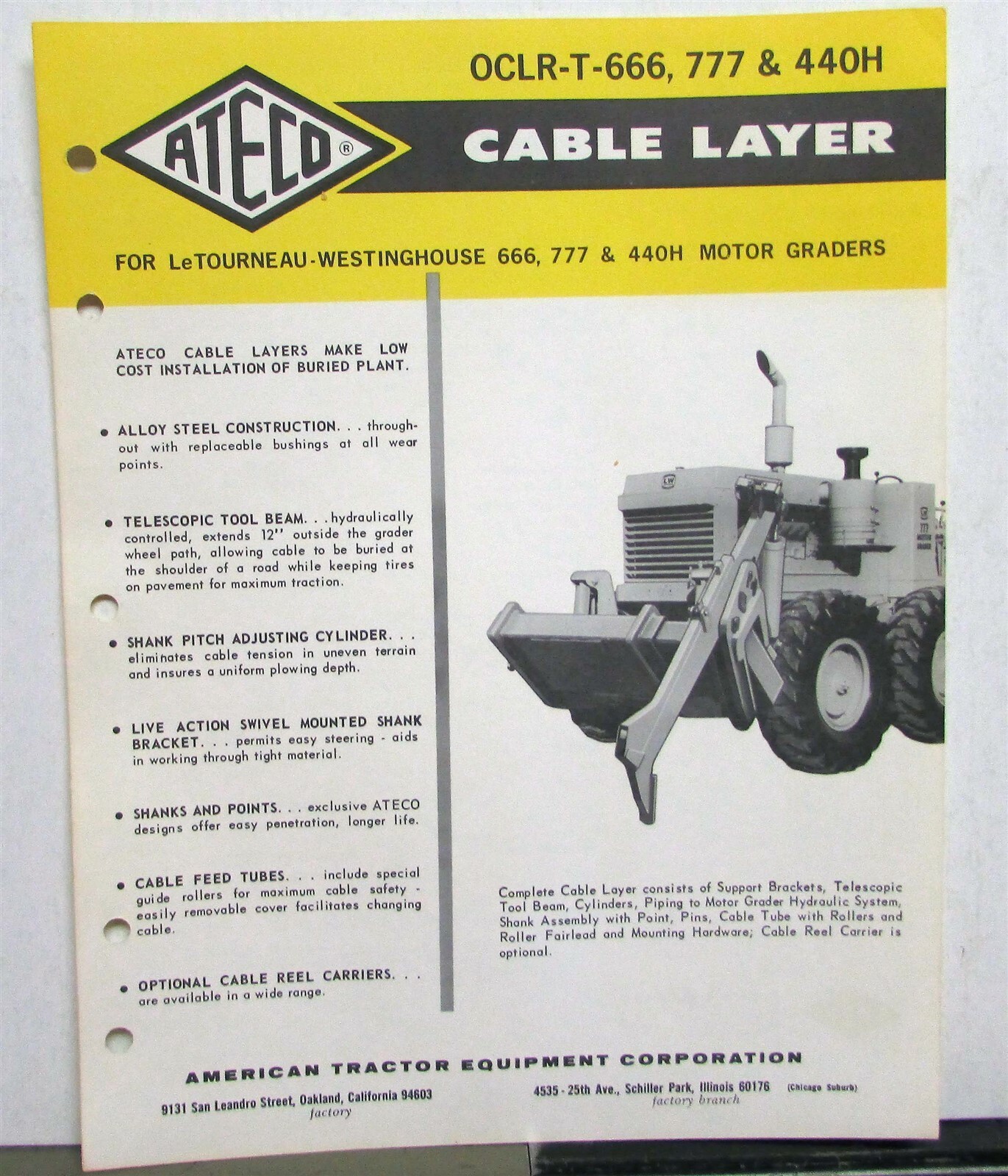 1966 ATECO Cable Layer 666 777 440H Tractor Construction Specs Sales Data Sheet