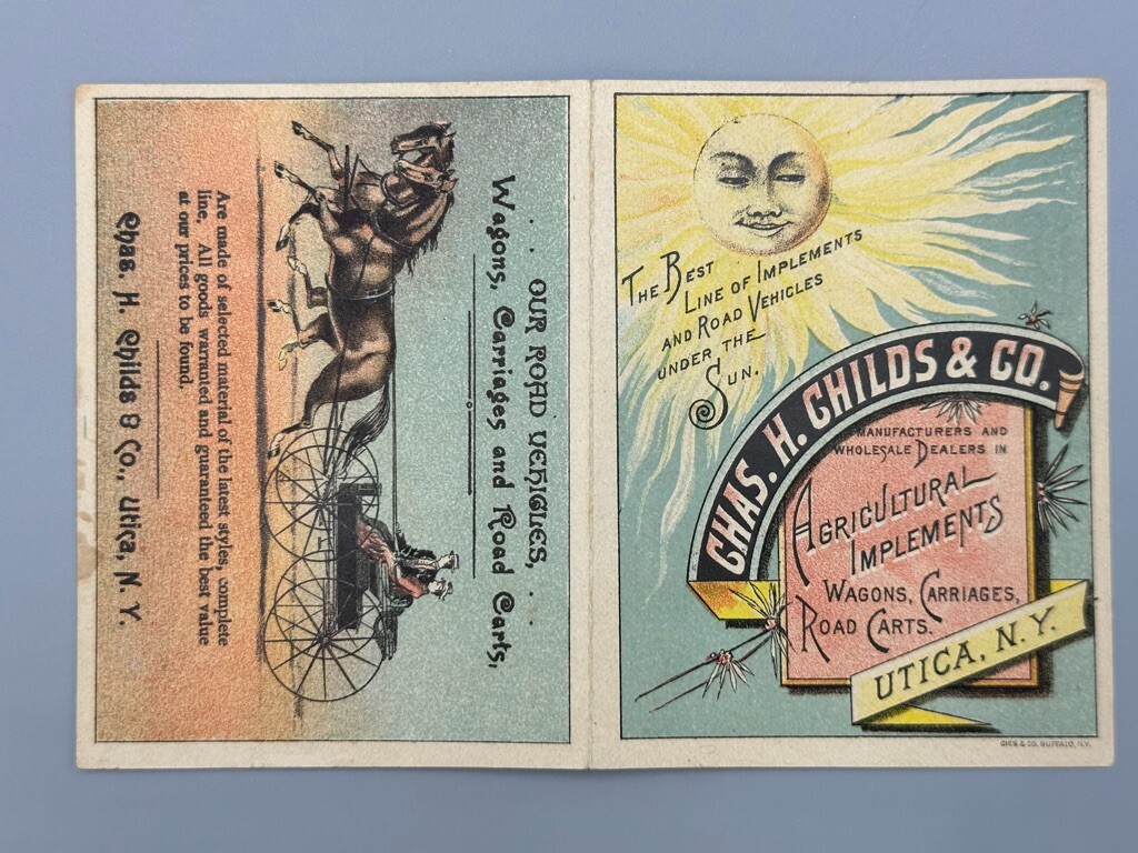 1880s CHILDS Agricultural Implement FARM Plow CARRIAGE Advertse Trade Card UTICA