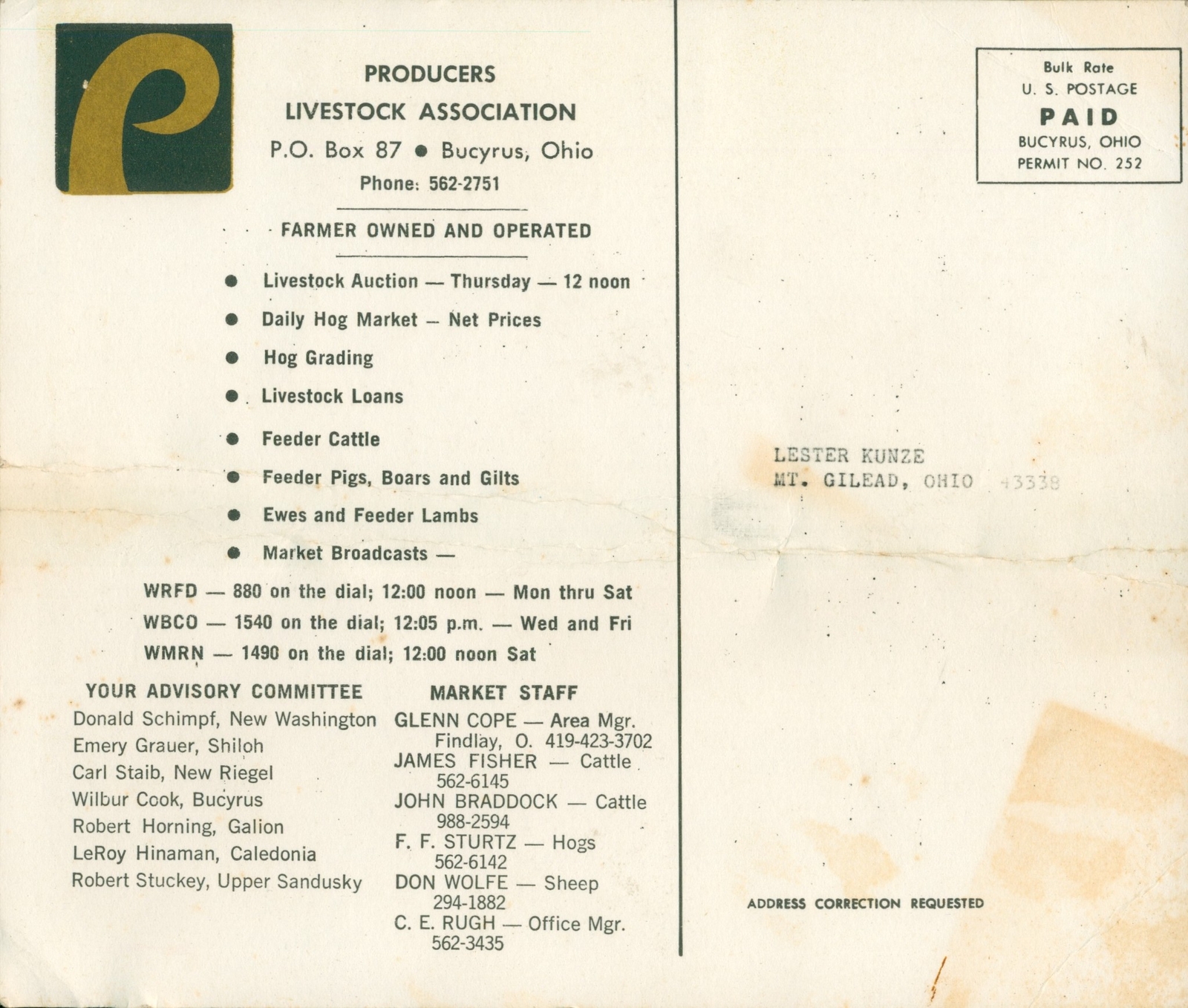 1974 Producers Livestock liquidation Sale Mailer Bucyrus OH Cow Hog Sheep Veal