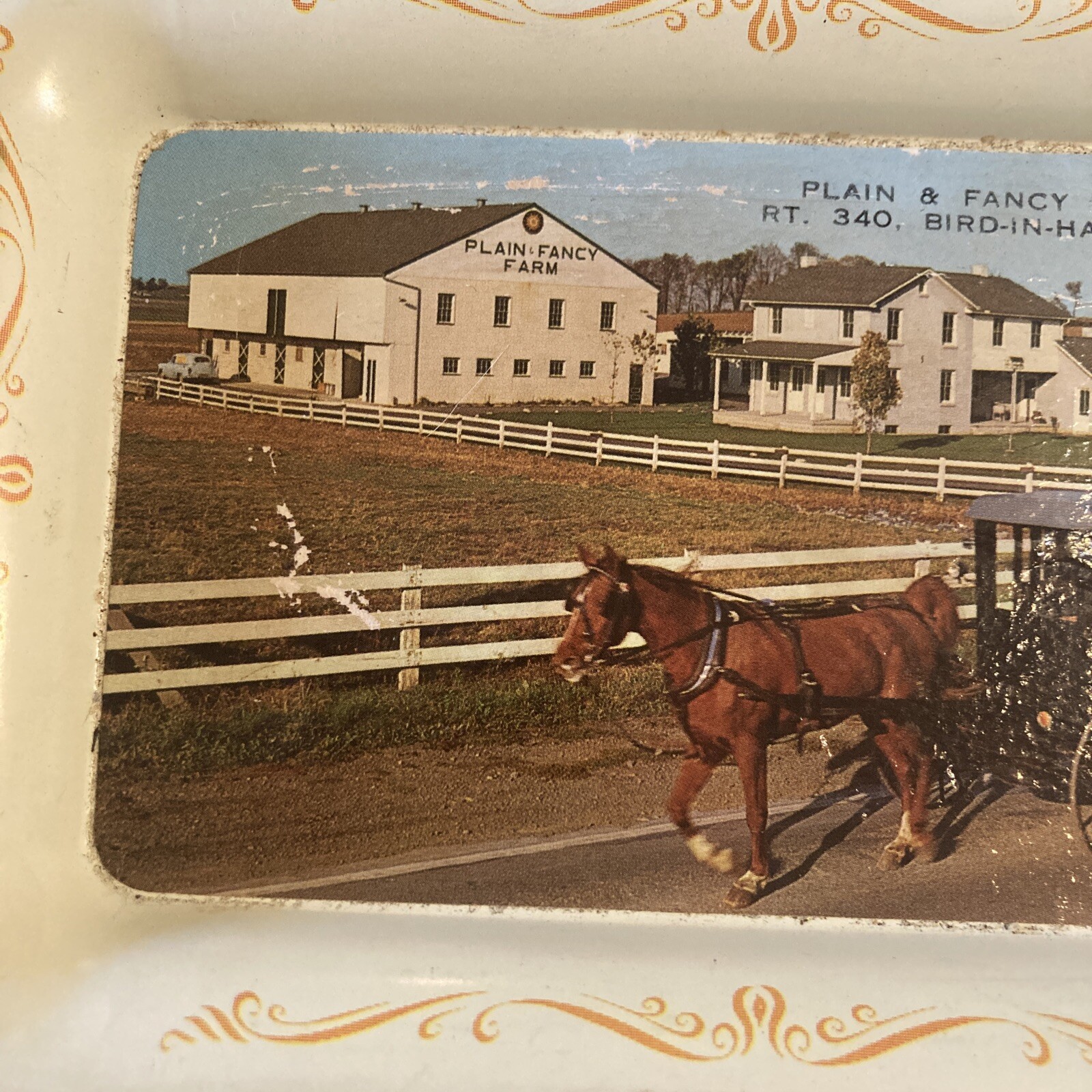 Vintage Metal Trinket tray Plain & Fancy Farm Rt 340 Bird In Hand PA