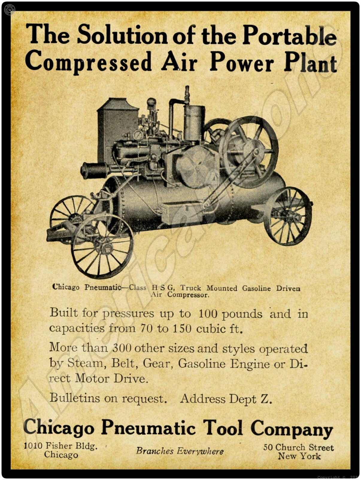 1913 Chicago Pneumatic Tool Company New Metal Sign: Truck Mounted Air Compressor
