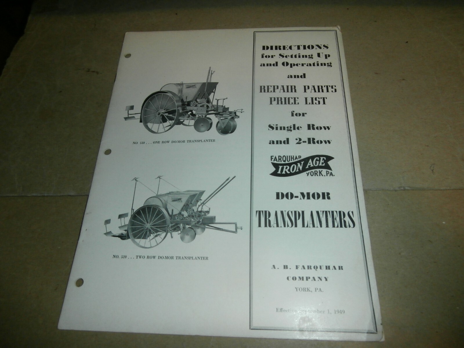 Vintage 1949 Farquhar Iron Age York PA Do-Mor Transplanters Manual & Parts List