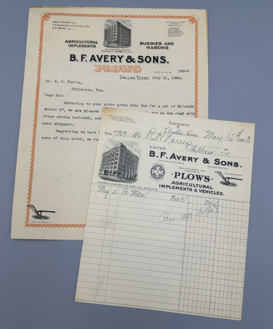 1904 B F AVERY & Sons PLOWS Letter DALLAS Texas FARM Advertising Receipt Antique