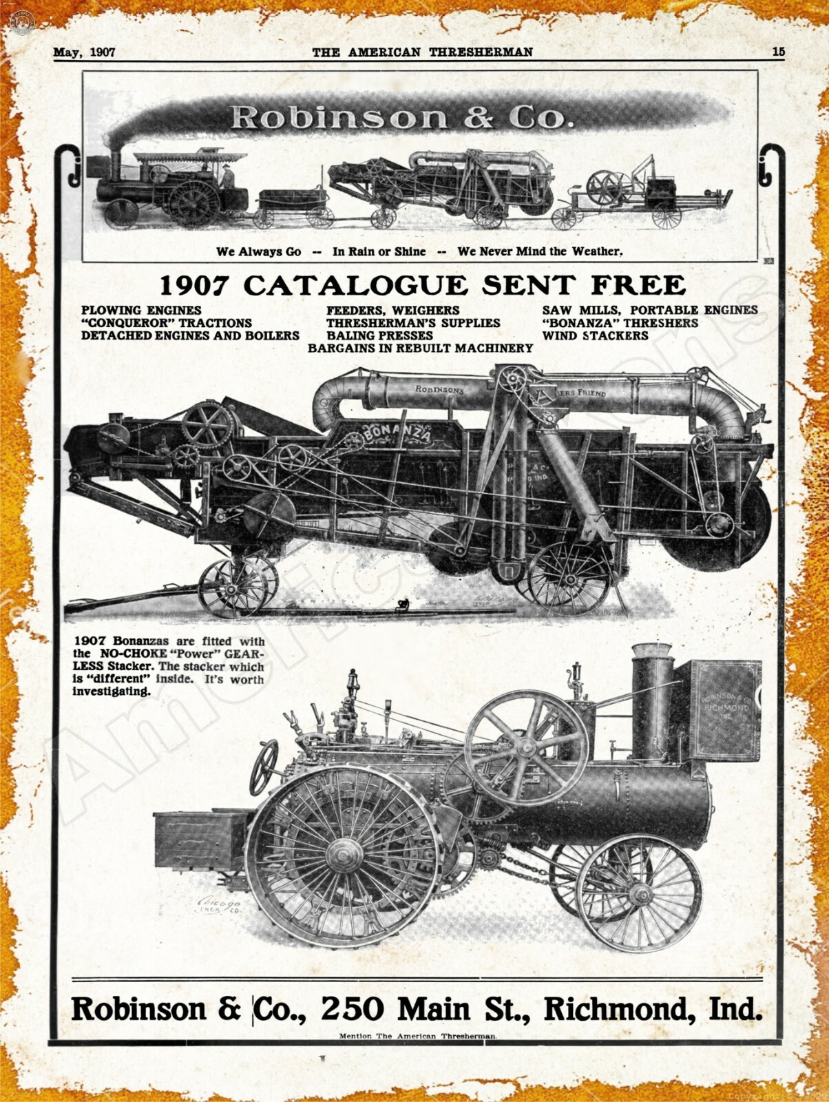 1907 Robinson Bonanza Traction Engine New Metal Sign: Richmond, Indiana