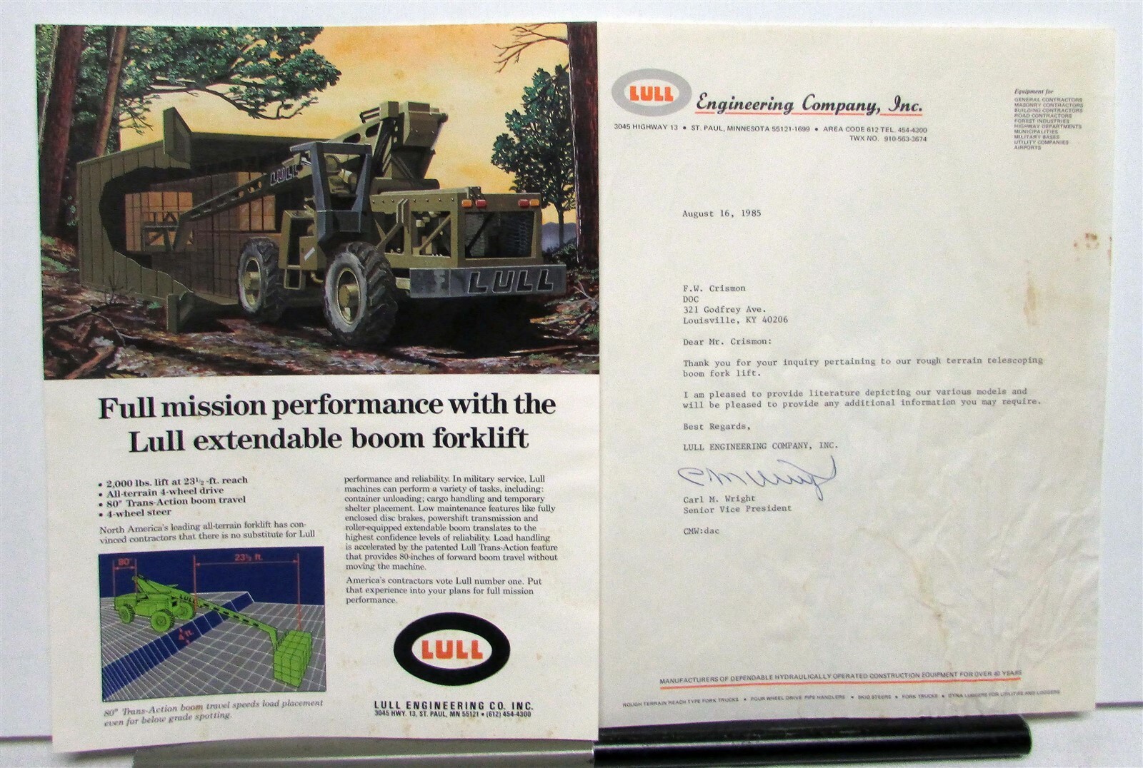 1983 Lull Extendable Boom Forklift W/ Company Letter Construction Data Sheet