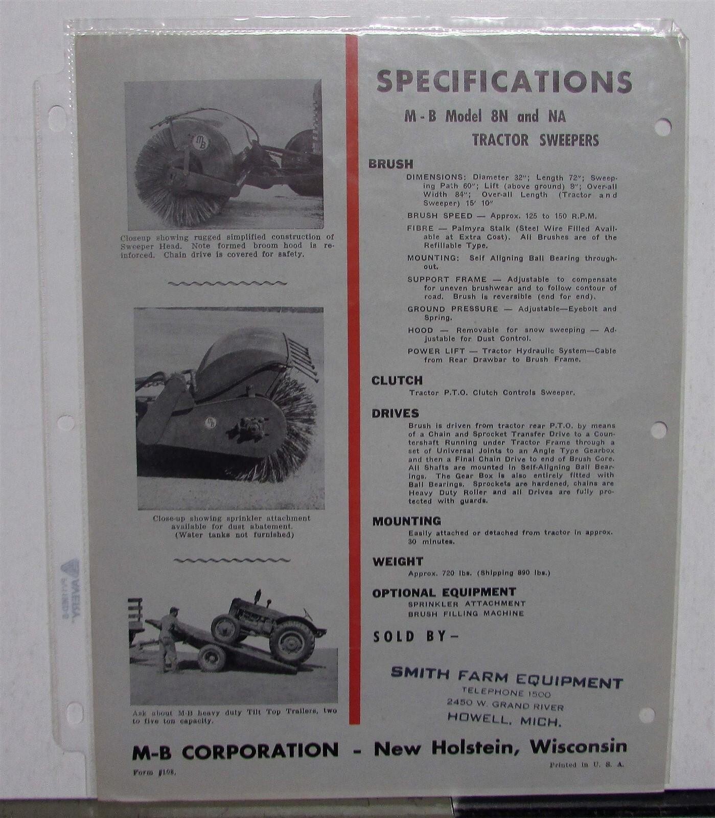 1950s MB Sweeper For Ford Tractor Model 8N NA NAA 600 800 Specs Sales Data Sheet