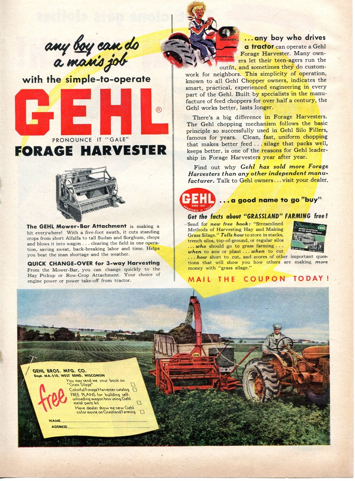 1953 Print Ad of Gehl Bros Forage Harvester Farm Tractor