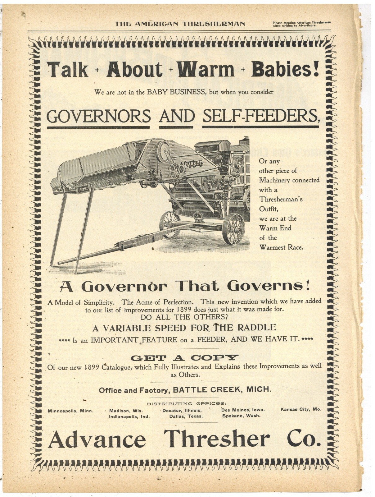 1899 Advance Thresher Co. Ad: Governor & Self-Feeder – Battle Creek, Michigan