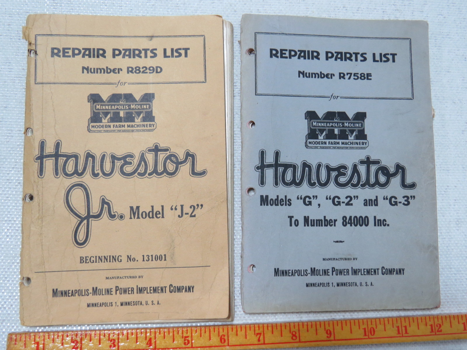 Vintage Minneapolis Moline Harvestor JR G G2 G3 Combine Parts Manual LOT of 2
