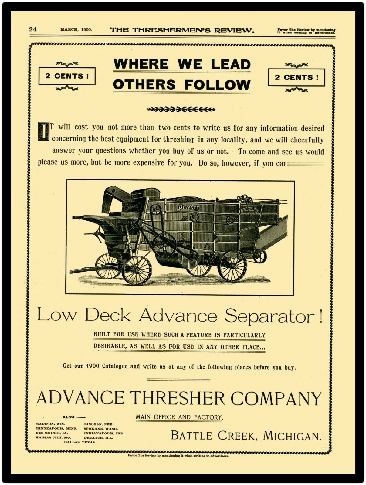 Vtg. Look 1900 Advance Thresher Co. New Metal Sign: Low Deck Advance Separator