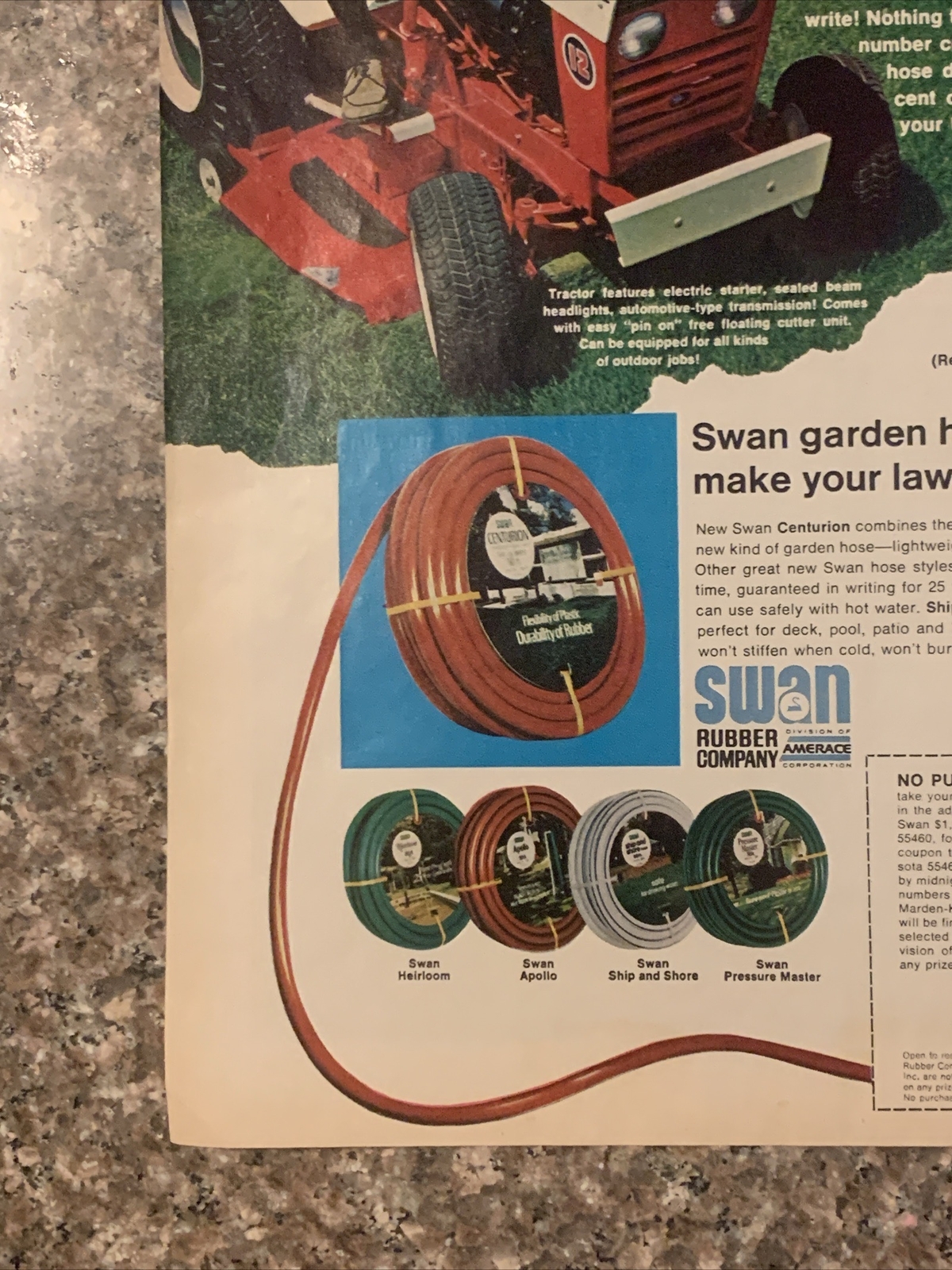 1968 Swan Centurion Garden Hose PRINT AD Win Toro Suburban Mower Tractor VTG 60s