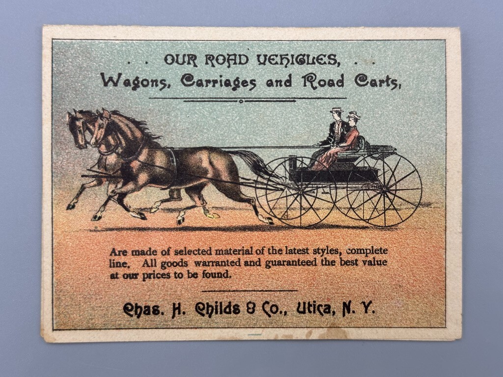1880s CHILDS Agricultural Implement FARM Plow CARRIAGE Advertse Trade Card UTICA
