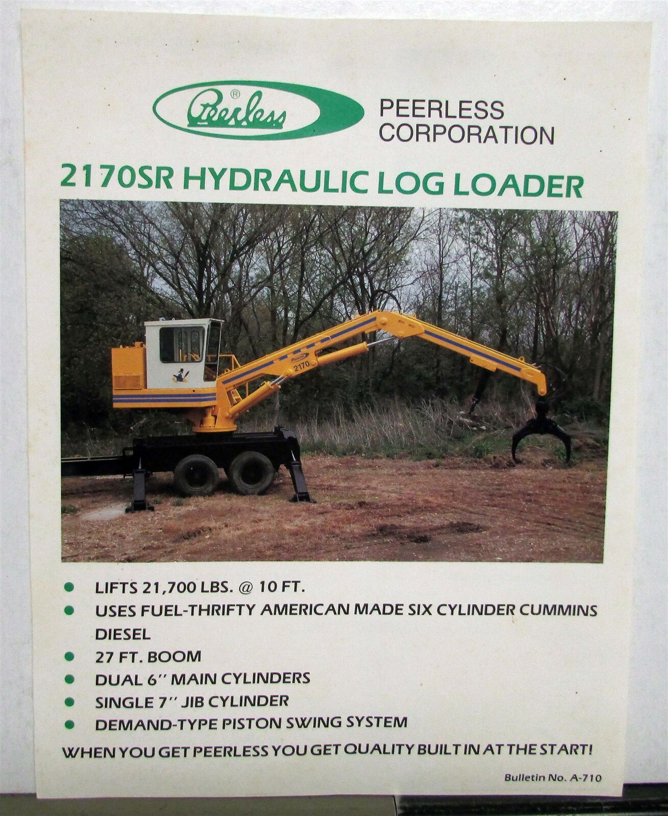 1975-1980 Peerless 2170SR Hydraulic Log Loader Construction Sales Sheet