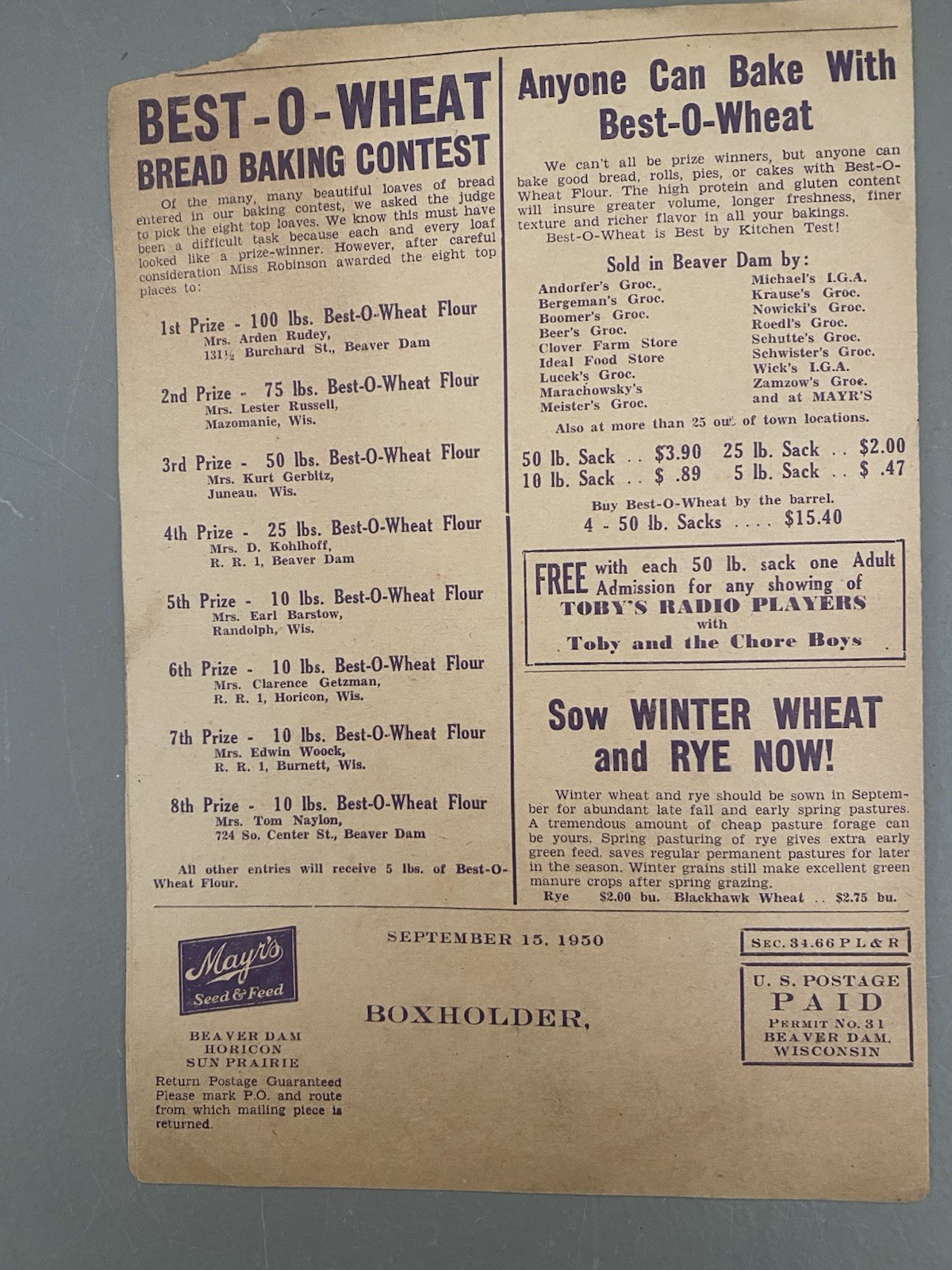 1950 Advertising Brochure Mayr’s Seen & Feed News Beaver Dam Wis. 4H Price Lists