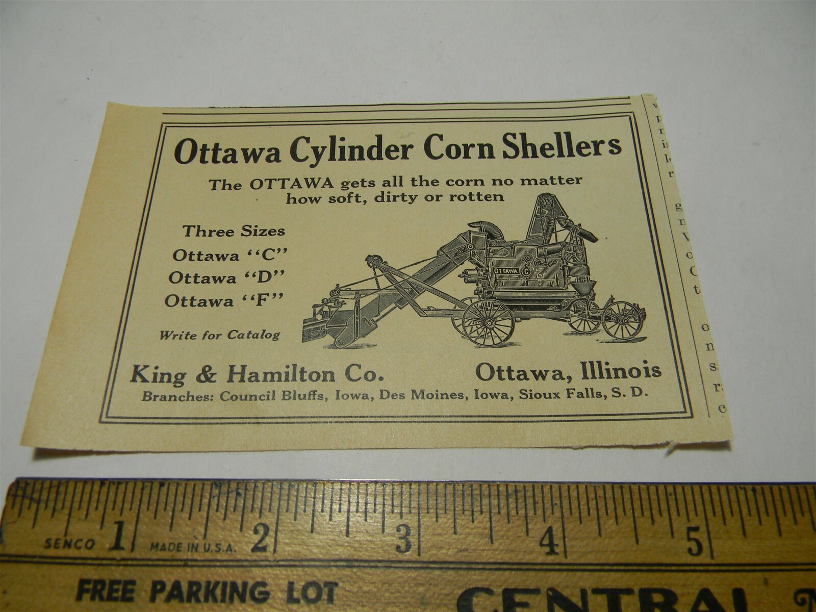 Vintage 1920s King & Hamilton Co. Ottawa Corn Sheller Man Cave Farming Ad – P31