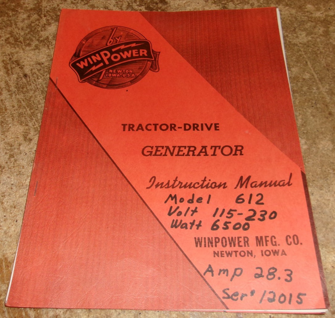 vintage winpower tractor-drive generator instruction manual good used