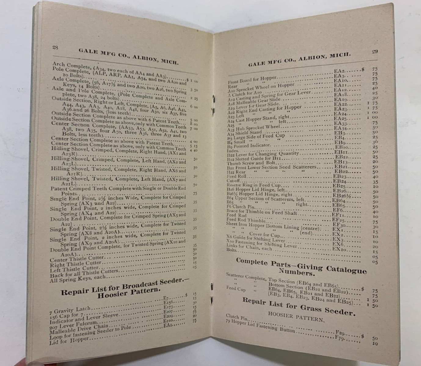 Price List GALE PLOWS Injun Series, Cultivators, Rades, Harrows. Albion, MI 1893