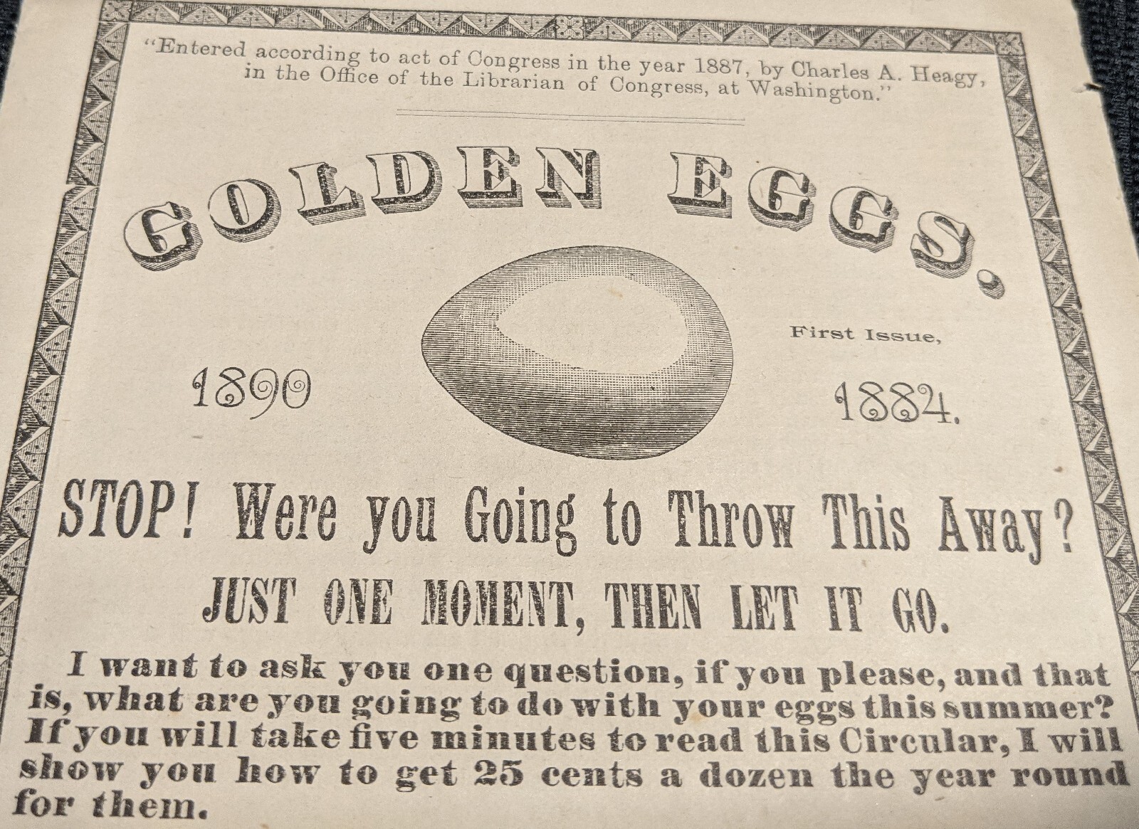 1890 Golden Egg Formula Newsletter Poultry Circular Eggs Agriculture Ad Brochure