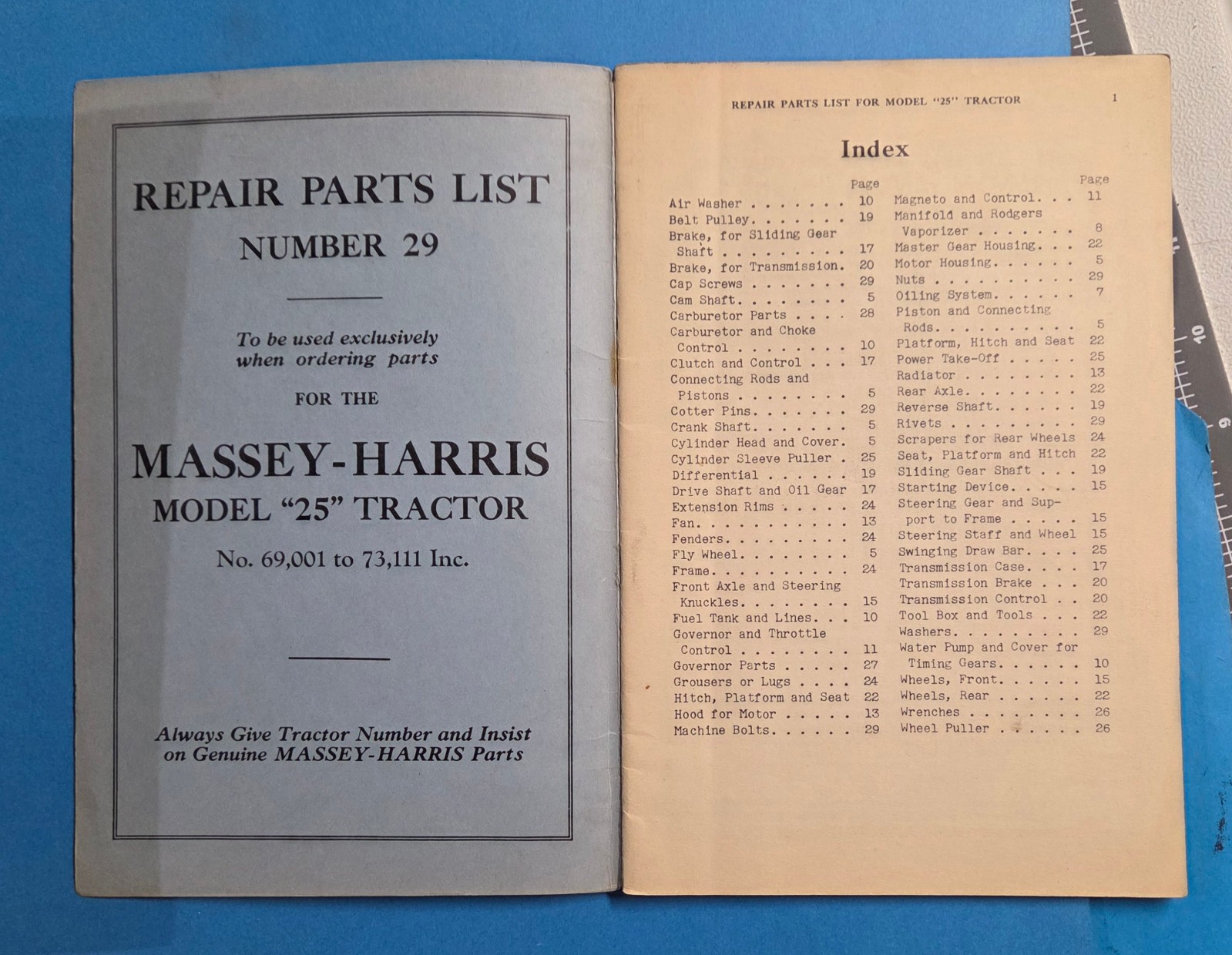 Vintage Manual Repair Parts List Massey Harris Model 25 Tractor 1938