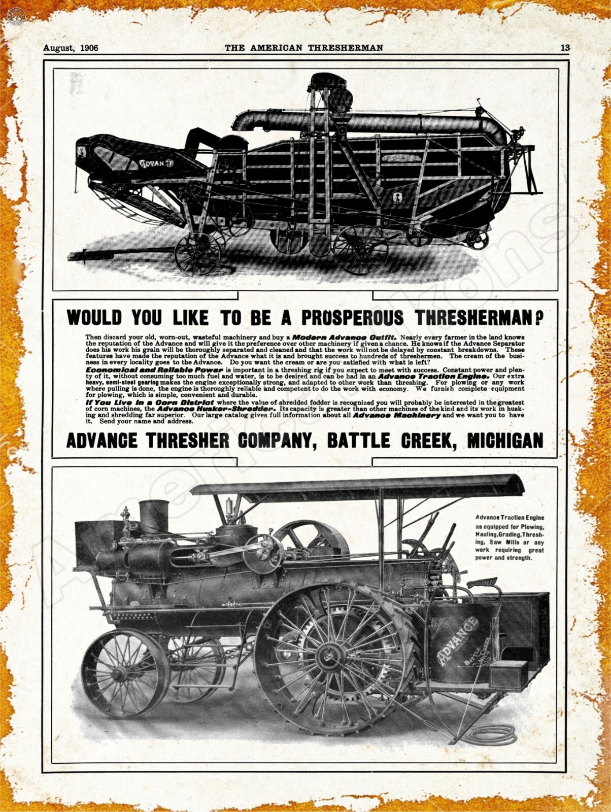 1906 Advance Thresher Co. Traction Engine New Metal Sign: Battlecreek, Michigan