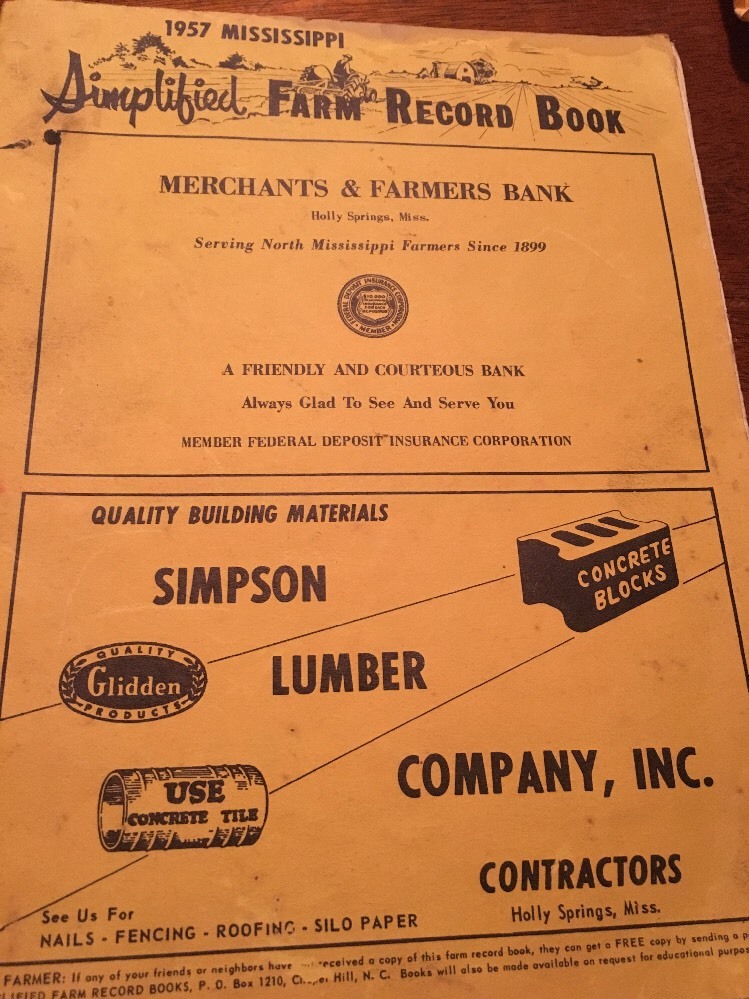 Vintage 1957 Farm Record Book Holly Springs Mississippi