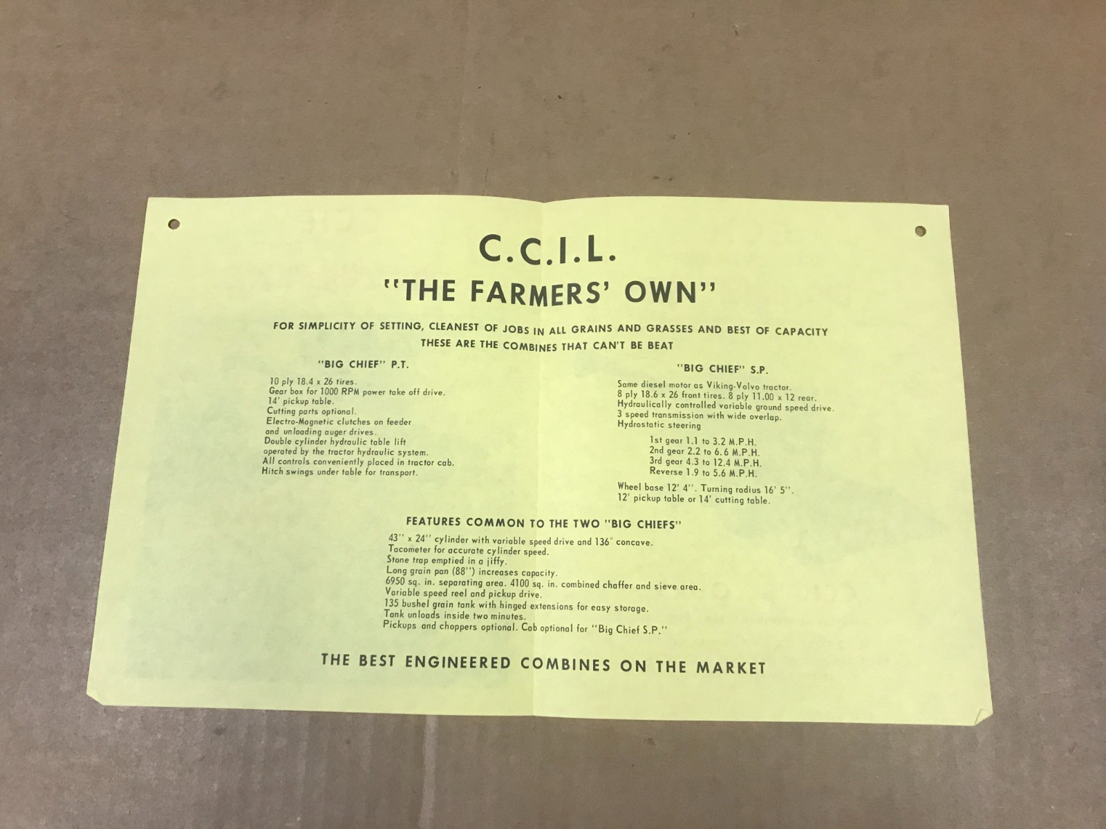 Vintage CCIL « The Farmer&rsquo;s Own » – Big Chief S.P. Combine Brochure